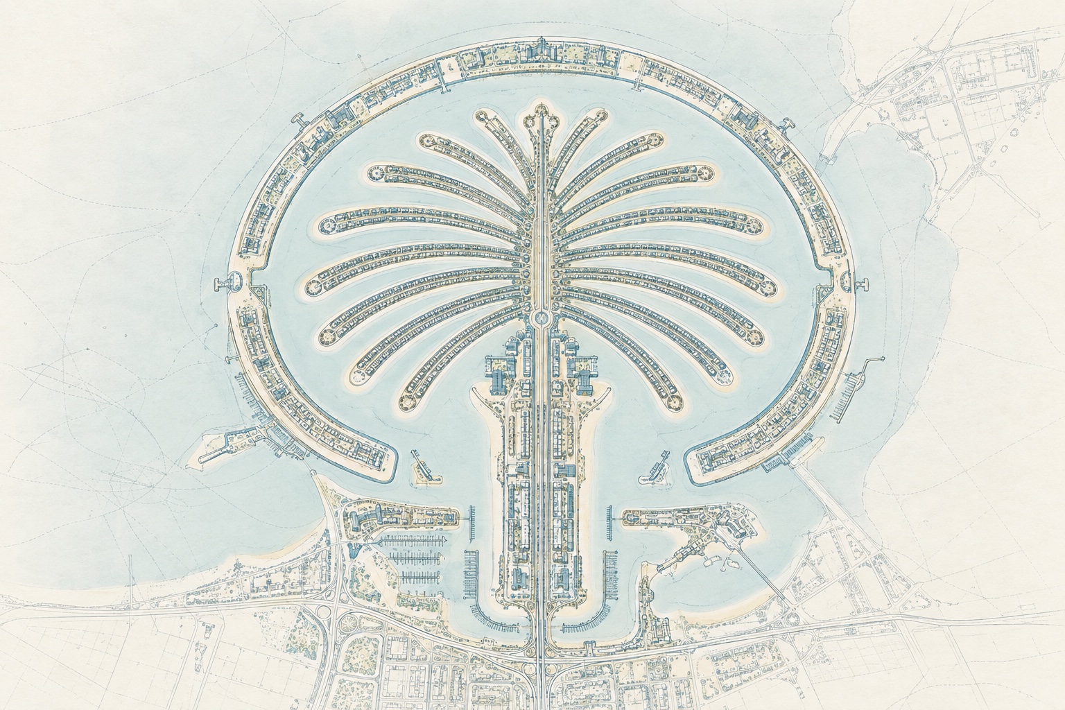 Illustrative plan view of Palm Jumeirah showing the crescent, trunk and branching fronds